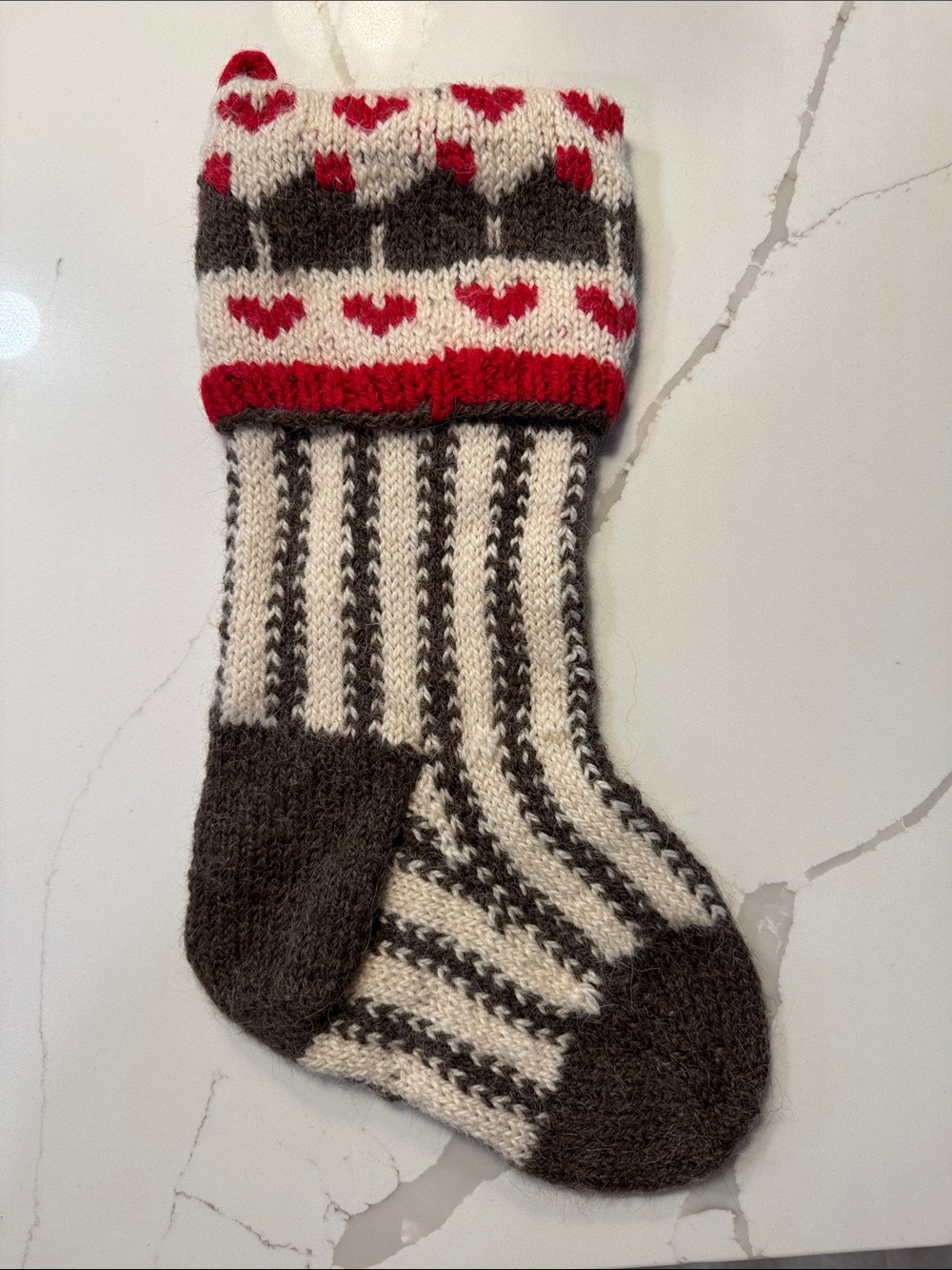 VTG Alpaca Wool Hand-Knit Christmas Stocking Cream, Brown & Red